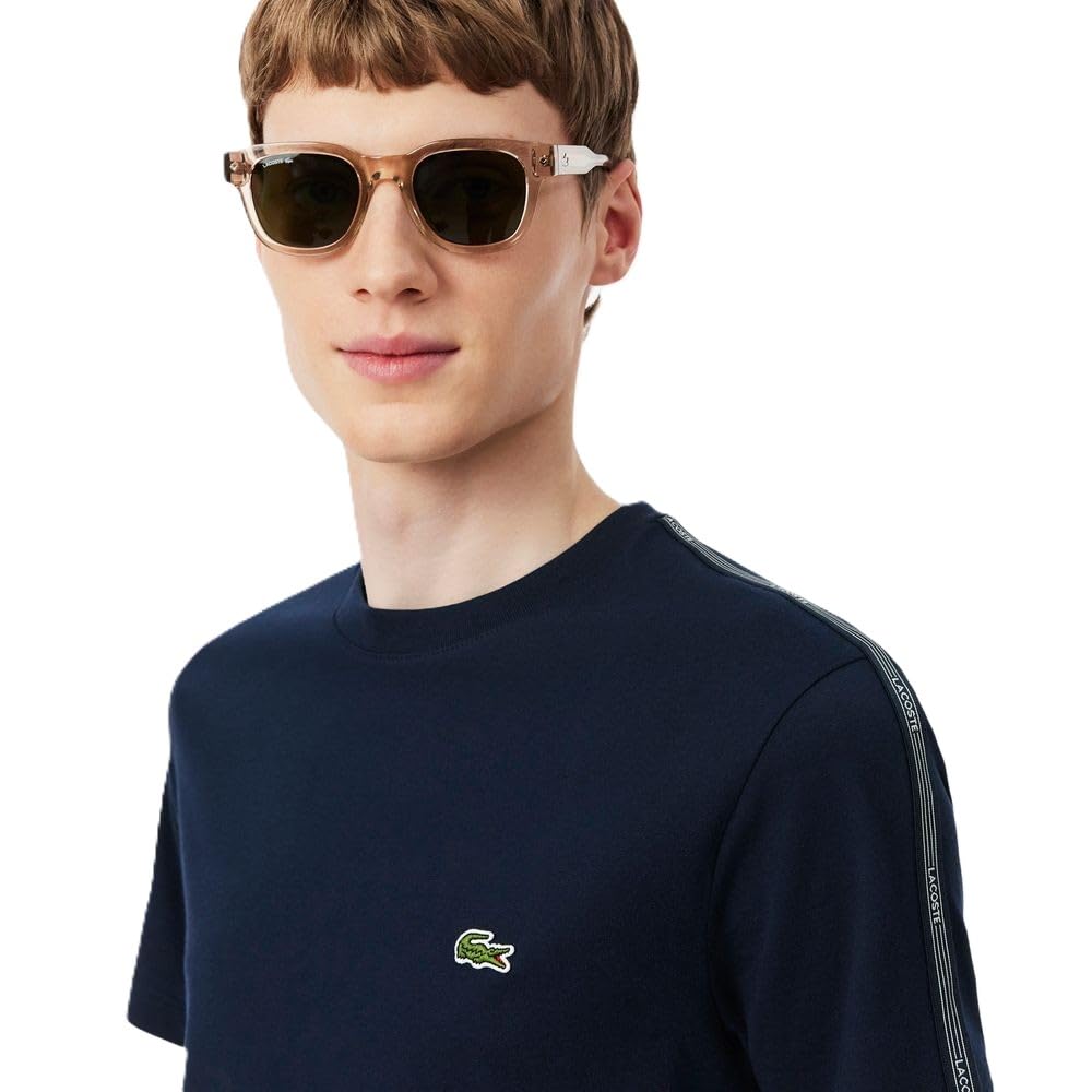 Lacoste Camiseta de Manga Corta para Hombre, Algodón 100%, Azul Marino, Cuello Redondo, Raya en Hombros, Regular Fit
