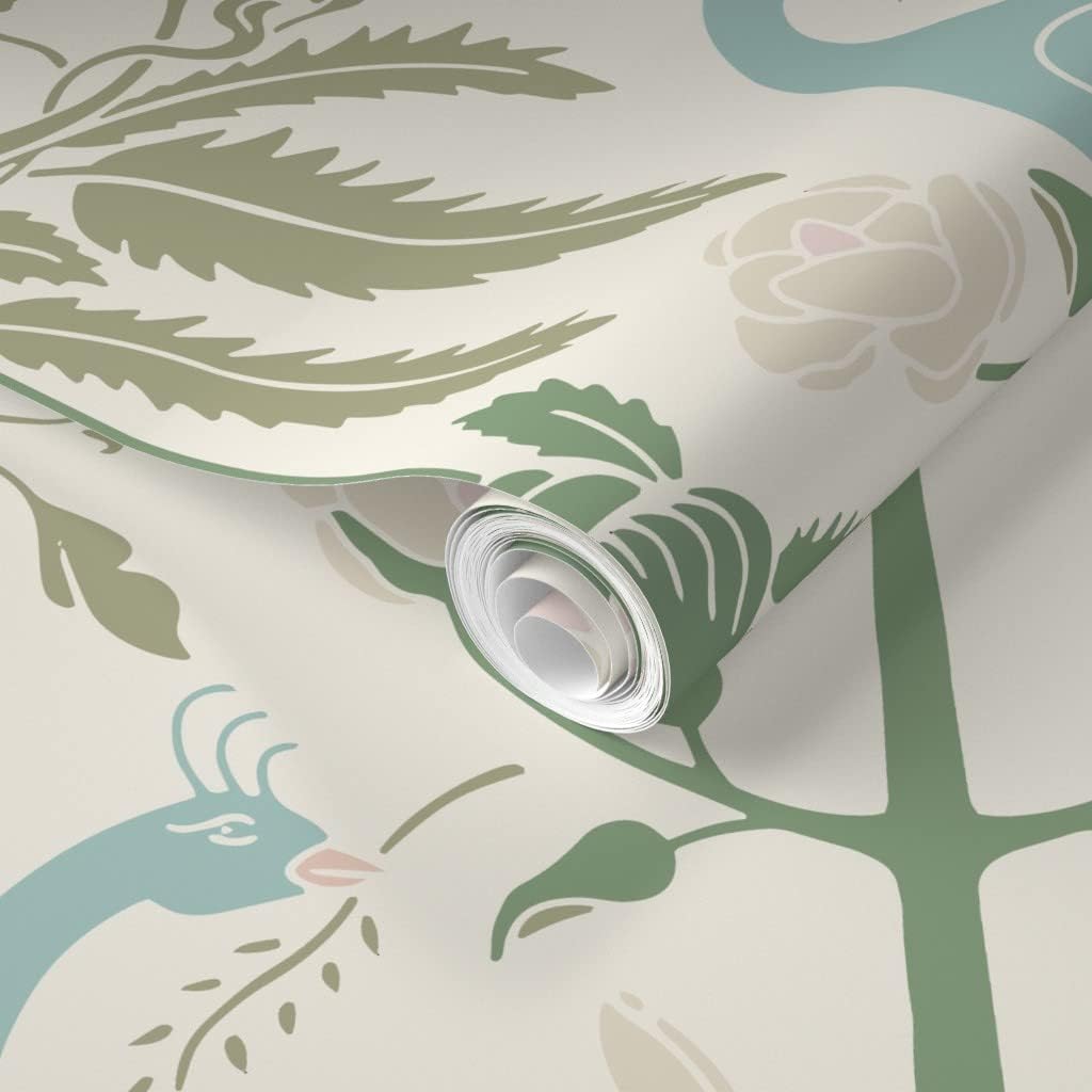 Spoonflower Removable Wallpaper 6ft x 2ft - Birds Floral Damask Bird Flower Cream Peach Peacock Sage Custom Pre-Pasted Wallpaper