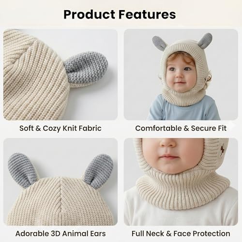 Image of Kraptick Winter Warm Ear Protection Knitted Woolen Unisex Baby Cap with Cute Animal Ears, Soft Fleece Lined Knit Hat with Ear Flaps, Stretchable Monkey Cap for Cold Weather -1