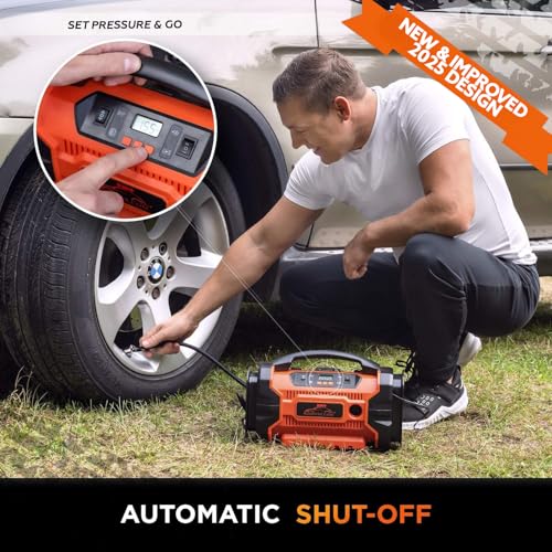Image of RoofPax Tire Inflator Portable Air Compressor for Car Tires 3 Power Sources AC /DC & Battery Heavy Duty Inflator /Deflator Digital Car Air Pump with Pressure Gauge 12V 110 AC 160 PSI For Car RV & Truck
