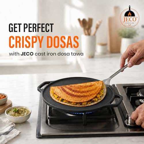 Image of Cast Iron Dosa Tawa with Dual Grip Handles | Pre-Seasoned Non-Stick Iron Tawa for Dosa /Chilla /Roti | Heavy Duty Non-Toxic Cookware | Gas Stove & Induction Compatible | Black, 30cm, 2.8kg