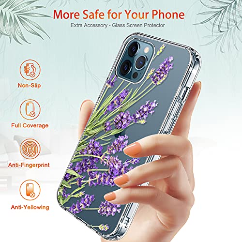 Giika For Iphone 12 Pro Max Case With Screen Protector, Clear Full Body Shockproof Protective Floral Girls Women Hard Case With Tpu Bumper Cover Phone Case For Iphone 12 Pro Max, Purple Flowers #TOP5