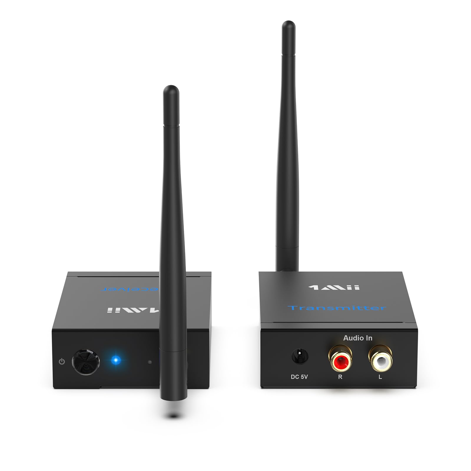 1Mii 2.4Ghz Wireless Audio Transmitter Receiver for TV, 320ft Long Range 20ms Low Delay HiFi Audio, Wireless Adapter Kit for Powered Speaker/Stereo/Soundbar, RCA(3.5mm AUX) Out/Input