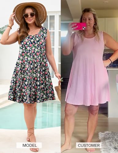 Image of JollieLovin Women Plus Size Curvy Summer Tank Sun Dresses Sleeveless Causal T-Shirt Dress Beach Swing Cover up(L-5X)