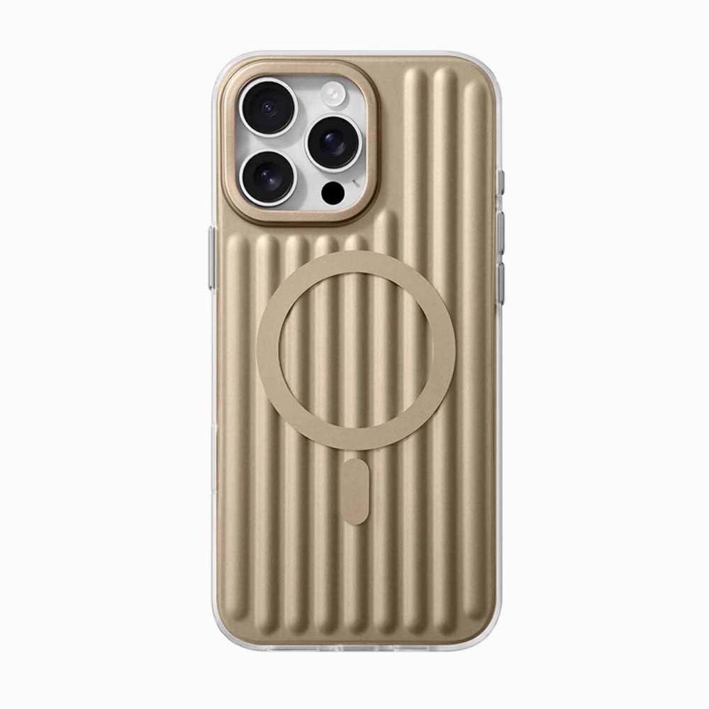 Custodia a cuscino d'aria con ventosa magnetica a strisce metalliche compatibile con iPhone 16, 15, 14 e 13 Pro Max, color oro deserto, per iPhone 15 Pro Max