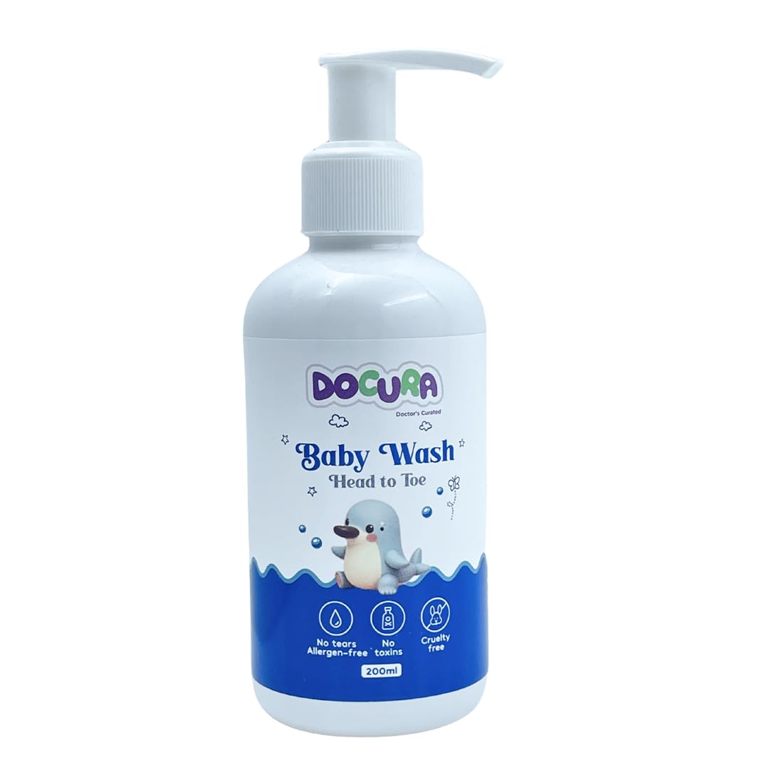 DOCURA Baby Wash Head to Toe for Newborn | Tear-Free pH Balanced Baby Body Wash | Gentle Cleanser with No More Tears Formula | Moisturizing Wash for Daily Use | Safe for Sensitive Skin | 200 ml