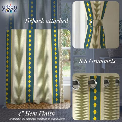Image of Urban Space Boho Decorative Curtain for Window, 100% Cotton Curtain 5 Feet Long, 1 piece Curtain with Tassels, 60-65% Room Darkening with Tieback and Eyelets (Alora Dark Teal, 5 Feet)