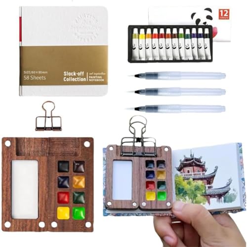 Image of DIANZHU Pocket Artist Watercolor Travel Set, Wooden Paint Palette Travel Kit, Mini Portable Watercolor Palette with Clip for Artists Painters Students (12 Colors 8 Grid Set 3 Brush Pen)