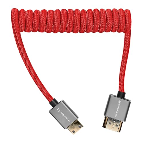 Image of KONDOR BLUE | Mini HDMI to Full HDMI Cable 12 inch -24 inch Braided Coiled | 4K 60Hz, 18Gbps, HDR, 3D Video & Nylon Braided with Reinforced connectors | Red