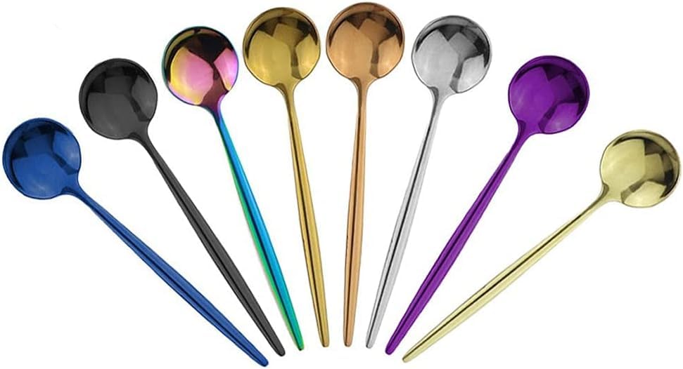 Ensemble de cuillères de Service en Acier Inoxydable Arc-en-Ciel, 6 pièces, cuillères à Dessert et à Glace polies for Accessoires de Cuisine | Couverts ménagers(Black Silver)