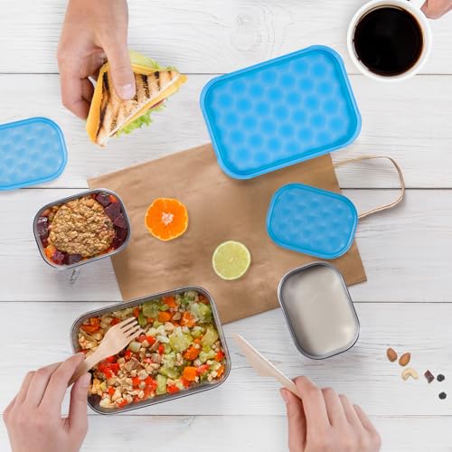 Image of Tanjiae Stainless Steel Lunch Snack Containers Set | Leak Proof 304 Stainless Steel Food Containers with Silicone Lids - Perfect Metal Lunch Box for School and Daycare (Blue Lunch, Medium)