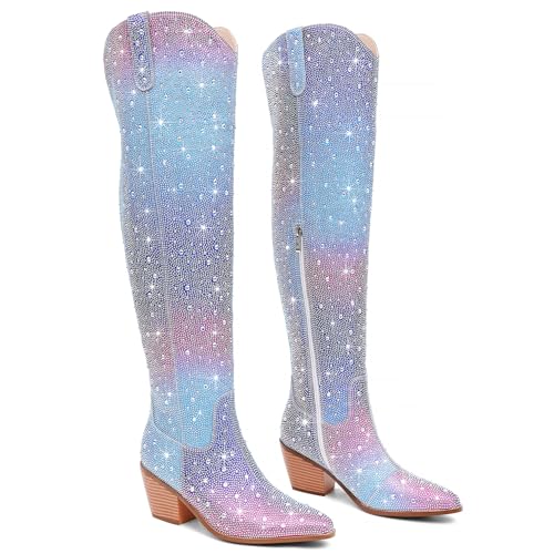 Image of Women Rhinestone Over the Knee Cowboy Boots, Sparkly Bling Cowgirl Boots Western Thigh High Boots Pull-On Side Zippers Chunky Heel Pointed Toe For Concerts, Music Festivals, Parties & Night Out