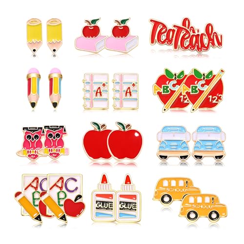 Teacher Earrings Hypoallergenic Cute Small Stud Earrings Funky Apple Books Pencil Teach Owl School Themed Studs Back to School Season Jewelry Teacher’s Day Appreciation Gifts for Students Teacher