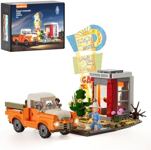 LUMIBRICKS City Sunset-Stopover Lighting-Building-Bricks Set - Road Trip Car Station Modular Collection LED Light Building Set 455 Pcs for Adults, Teen and Travelling Enthusiasts