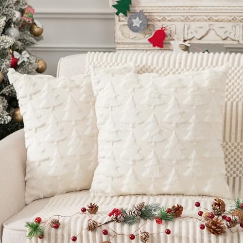 Ugs Ugasa UGSSDS-D18C01 Ugasa Christmas Tree Pillow Covers 18X18 Inch Set Of 2 Soft Plush Faux Fur Decorative Luxury Jacquard Throw Pillows Pillowcases cover