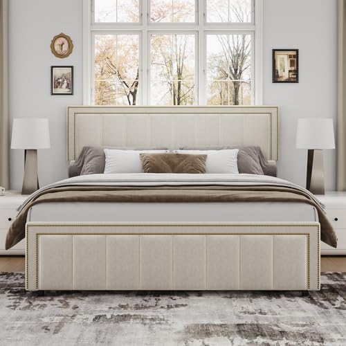 Image of BarnFurin King Size Size Bed Frame with 50 inch Tall Headboard and Footboard, Chenille Upholstered Bed Frame, Vertical Channel Tufting with Nailhead Trim, No Box Spring Needed, Easy Assembly, Beige