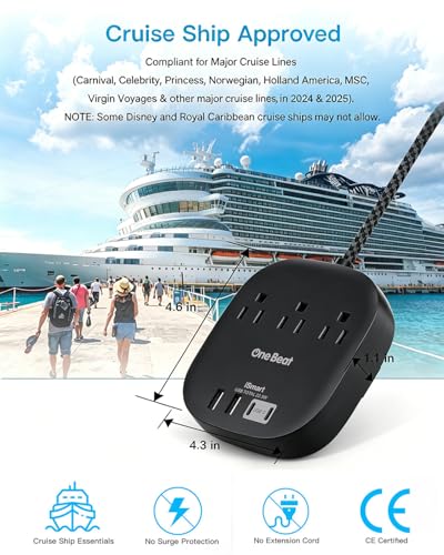 Image of 10 Ft Long Extension Cord, Cruise Ship Travel Essentials, 22.5W /4.5A Flat Plug Power Strip with 3 Outlets 4 USB Ports (2 USB C), 10ft Black Power Strip No Surge Protection, Desktop Charging Station