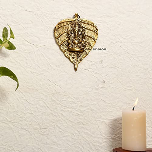 Image of ascension Ganpati Metal Green Lord Leaf Ganesh Idol Patta Statue Decorative Wall Hanging Showpiece Figurine (Golden) (Small)