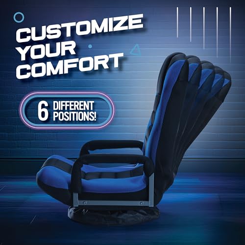Swivel-Gaming-Floor-Chair-Enjoy-6-Different-Positions-Adjustable-Lumbar-Support-Removable-Polyester-Cover-Arm-Rests-Folds-to-Store-Stylish-Blue-with-Black-Center-Stripe