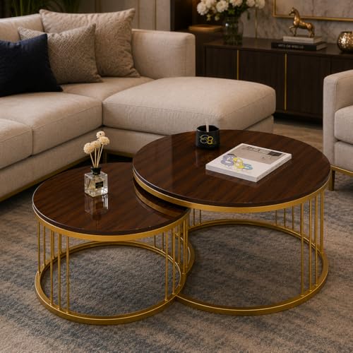 Image of Coffee Table Round Sofa Small Side Table Nesting Table, Modern Negotiation Table Combination Table, Suitable for Living Room Bedroom Side Table (Golden Brown)