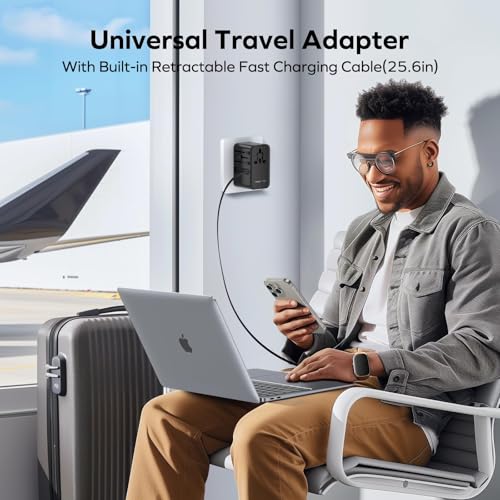 Image of MOMAX Universal Travel Adapter, International Power Plug Adapter with 1 USB C (PD 70W), 2 USB A Ports, 1USB-C Cable (PD 70W), All-in-One Worldwide Wall Charger for USA European UK AUS (Type C /G /A /I)