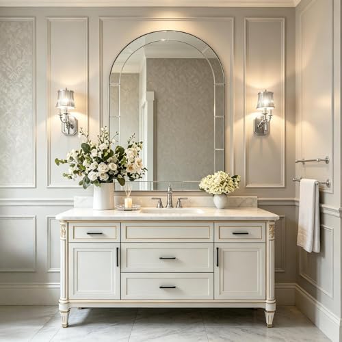 Image of MOON MIRROR Arched Mirror for Bathroom, Bathroom Mirrors for Over Sink, 30x40 inch Brushed Nickel Non-Rusting Vanity Mirror in Delicate Tessellated Glass Design