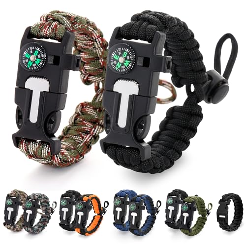 NADOBA Paracord Bracelets for Men and Women Adjustable Survival Paracord Bracelet with 11.8 ft Nylon Cord, Flint Fire Starter, Compass, Whistle & Scraper Camping, Hiking, Fishing Gear (Black & Camo)