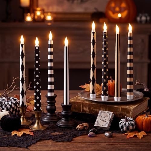 Lounsweer 8 Pcs Halloween Flameless Taper Candles 10.91 LED Black and White Striped Flameless Candles Flickering Battery Operated Plastic Flickering LED Candlestick for Window Home Party Decor