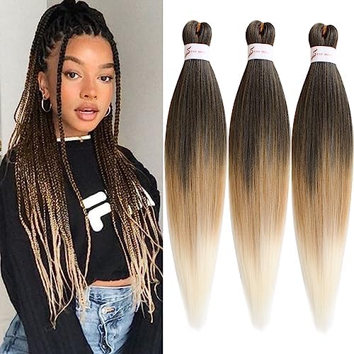 Leeven 8 Packs Pre Stretched Braiding Hair 26 Inch Yaki Texture Ombre Brading Hair Extensions for Box Braids Kanekalon Hair Fiber Crochet Hair Extensions for Braiding /26 Inch 1B/27/613#