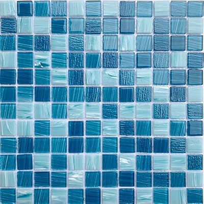 LSDECO Glass Mosaic Tiles Backsplash, 12" x 12" Kitchen Backsplash Tile, Pool Tiles, Glass Tiles for Bathroom Border Shower Wall (1 Sq.Ft Azure)