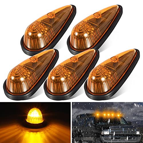 Premarker 5Pcs Amber 9 Led Teardrop Top Roof Cab Marker Running Clearance Lights Assembly [Dot Compliant] [Universal Fit] For Trucks Van Rv Motorhome International Kenworth Peterbilt Freightliner #TOP5