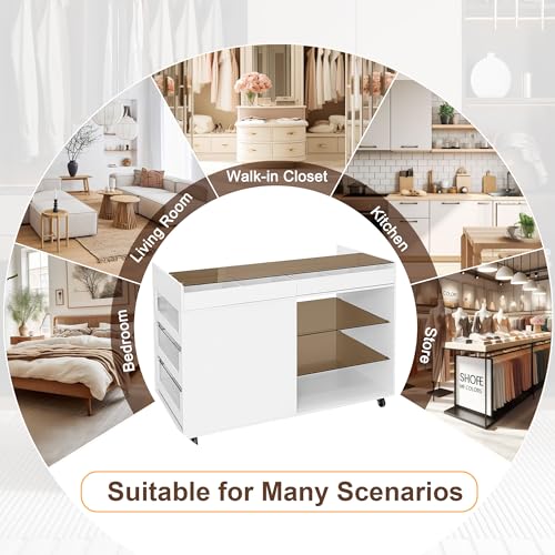 Image of JIVOIT Movable Storage Cabinet Island, 43.3 inch Multi-Functional Island with 3 Side Drawer, a Reversible Top Storage Space and Two Glass Display Shelves, Vanity Table