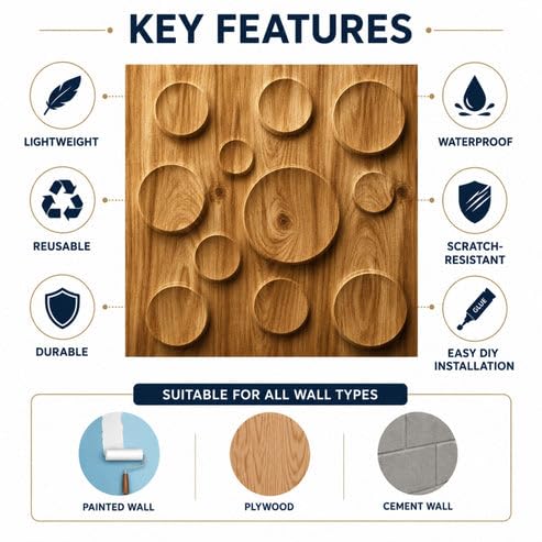 Image of Kayra Decor 3D PVC Wall Panels for Bedroom & Living Room | Moon Design | Beech Wood Color | 19.7 x 19.7 Inch | Pack of 40 | 107.6 Sq Ft