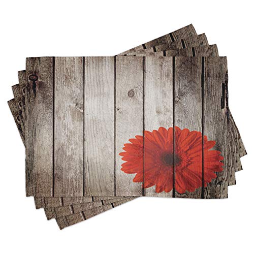 Lunarable Rustic Place Mats Set of 4 Flower Red Dahlia on Foreground of Murky Featured Dated Wooden Board Retro Art Print Washable Fabric Placemats for Dining Table Standard Size Brown