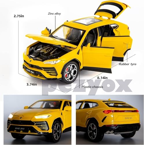 Image of 1:24 Lamborghini Urus Car Model, Diecast Pull Back Car Toy car, Doors Open, Light and Sound, Boys Toys Kids Adults Gifts (Yellow)
