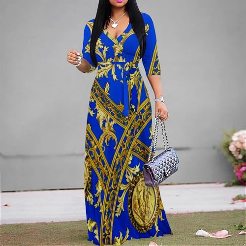 Image of PinkPatty Women's Print Maxi Dresses 3 /4 Sleeve Flowy Long Dress V Neck Wrap Tie Waist Sundress