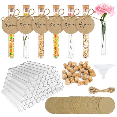 40 Stück Reagenzglas mit Korken, 15 x 100mm Transparent Kunststoff Reagenzgläser für Blumen mit 40 Kraftpapieranhänger, 2M Hanfseil und 1 Trichter, für Süßigkeiten Blumen Gastgeschenke Hochzeit
