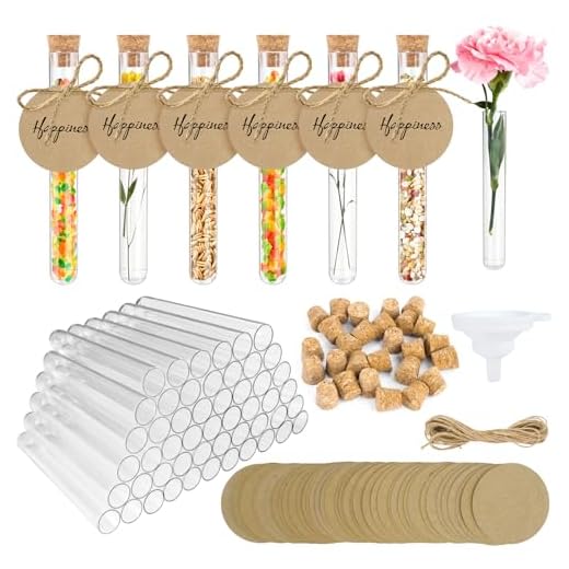 40 Stück Reagenzglas mit Korken, 15 x 100mm Transparent Kunststoff Reagenzgläser für Blumen mit 40 Kraftpapieranhänger, 2M Hanfseil und 1 Trichter, für Süßigkeiten Blumen Gastgeschenke Hochzeit