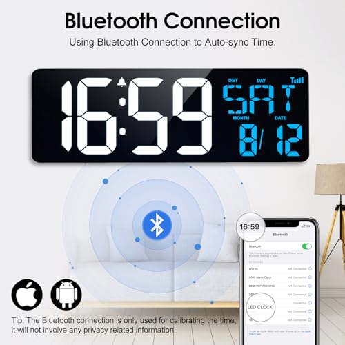 17" Large Digital Wall Clock, Bluetooth Auto Time Sync, Auto DST - Image 2