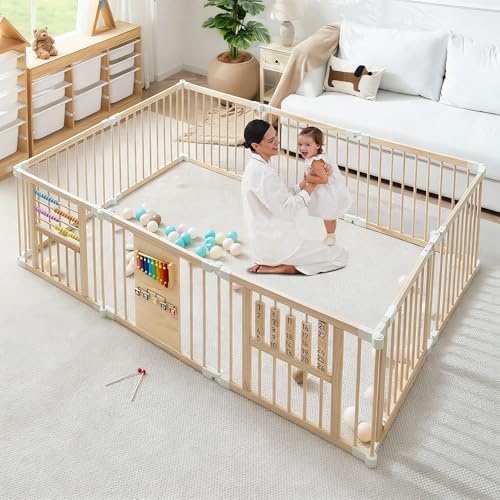 Image of GGF Wooden Playpen Play Yards for Babies and Toddlers, Foldable Wood Baby Play Fence with Locking Gate, Kids Activity Area Center Indoor Outdoor,79 * 71inch