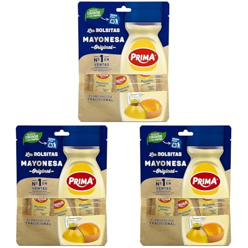 Prima Mayonesa monodosis receta tradicional con huevos 100% origen España. 12 bolsitas (Paquete de 3)