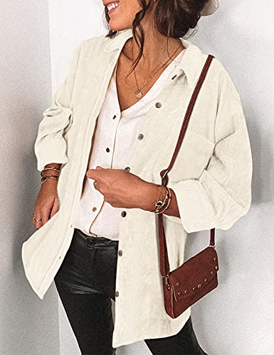 Saslax Womens Corduroy Shirt Long Sleeve Oversized Button Up V Neck Blouses Tops Loose Shacket Jacket2