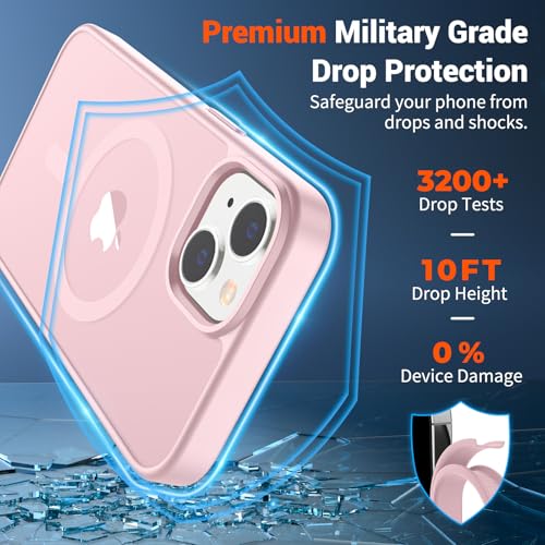 Image of SUPFINE Magnetic for iPhone 14 Case & iPhone 13 Case with Screen Protector (Compatible with MagSafe)(Military Grade Drop Protection) Translucent Matte Shockproof Phone Cover,Light Pink
