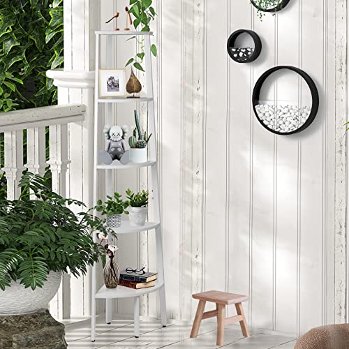 5 Tier Corner Shelf Stand, Corner Ladder Shelf Wood Display Rustic Bookshelf With Metal Frame Anti-Tilt Design Multipurpose Plant Stand For Living Room, Kitchen, Home Office (White, 62.3 Inch) #TOP6