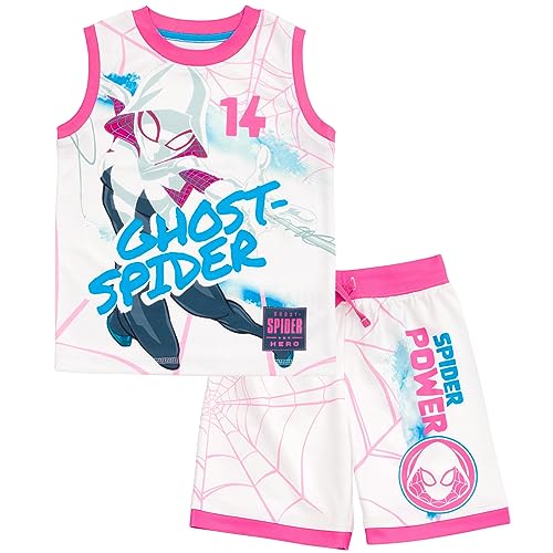 100% poliestere Marvel Spider-Man Spider-Gwen Ghost Spider Girls Tank Top e pantaloncini da bici da bambino a grande bambino, bianco, 4 anni