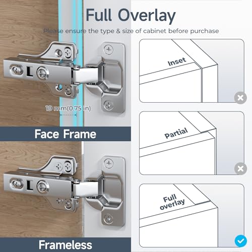 HOSOM 2 Pack Full Overlay Soft Close Cabinet Hinges, Kitchen Cabinet Door Hinges for Face Frame Cabinet, 100° Opening Angle Hidden Frameless Cabinet Hinges, 2-Way Adjustment Soft Closing Hinges - Thumbnail 3