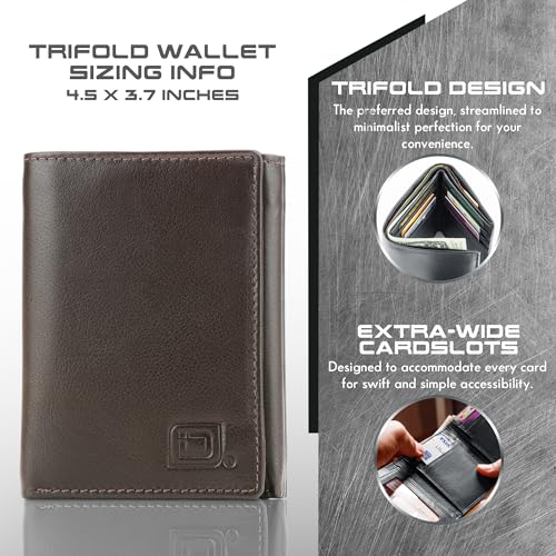 Image of ID Stronghold Men's Leather Trifold Wallet - RFID Blocking - Brown Wallet with Gift Box