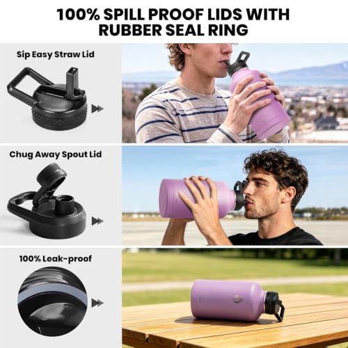 Image of RAYMYLO Insulated Water Bottle 64 oz, Triple Wall Vacuum Stainless Steel (Cold for 48 Hrs), Leak Proof & Non-BPA, Half Gallon Water Flask Jug with Paracord Handle & Straw Spout Lids, Lilac