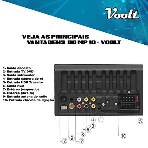 Central Multimidia MP10.1 Voolt Universal 2DIN USB, SD Espelhamento Android e IOS