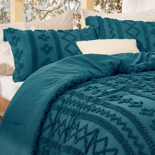 Image of Bedsure Tufted Boho Comforter Set Queen Size - Teal Boho Bed Set, GentleSoft 3 Pieces Farmhouse-Style Embroidery Bedding, Gifts for Woman, Soft Jacquard Kids' Queen Comforter for All Seasons